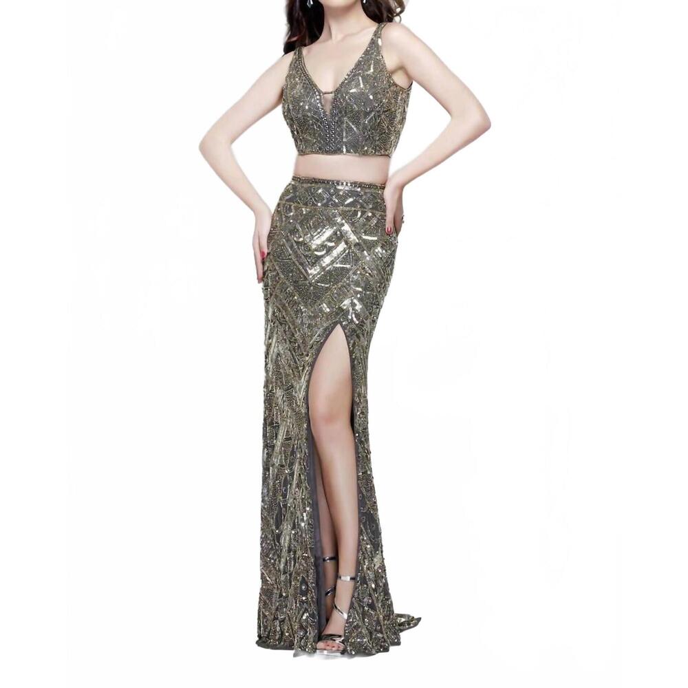 NEW PRIMAVERA embellished two piece gown in charcoal multi